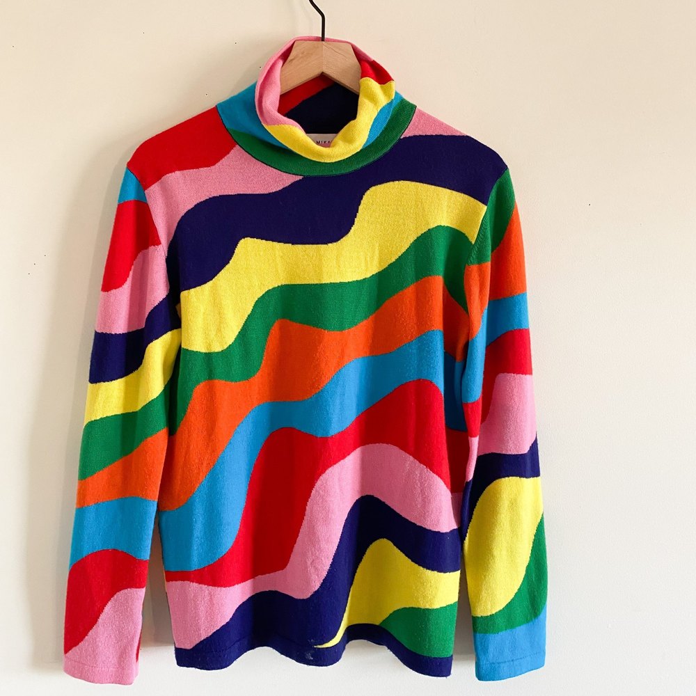 SOLD Mira Mikati Rainbow Wavy Stripe Merino Wool Turtleneck Sweater - Picture 1 of 7